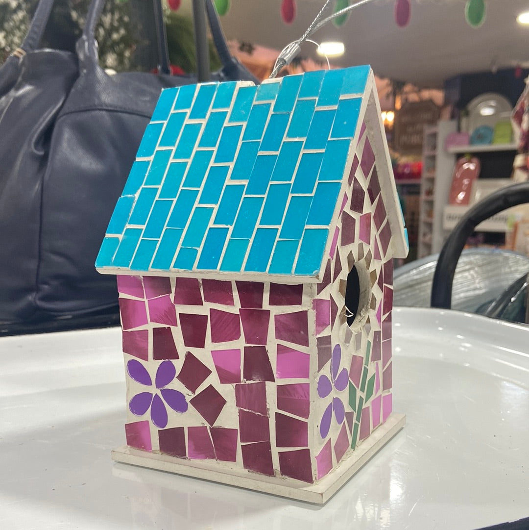 7"H Wood with Mosaic Details Bird House, Pink Floral