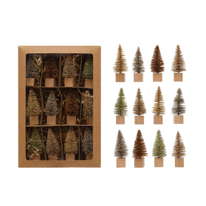 3"H Bottle Brush Trees with Wood Base, Multi Color, Boxed Set of 12